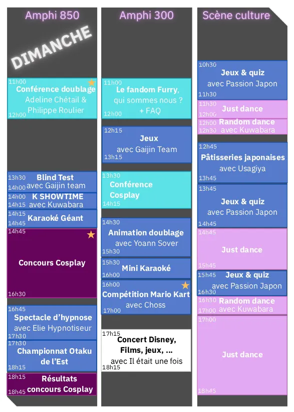 Planning des scènes et de l'amphi pour le dimanche