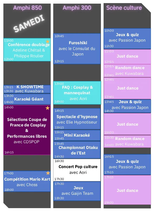 Planning des scènes et de l'amphi pour le samedi